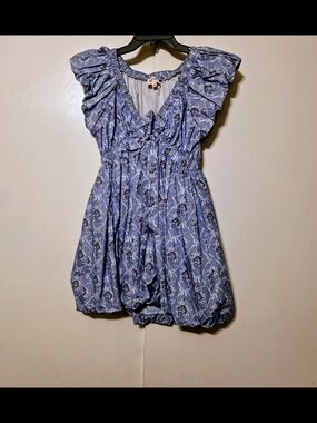 Peach Love California Blue Floral Puff Sleave And Skirt Mini Dress, Small NWOT